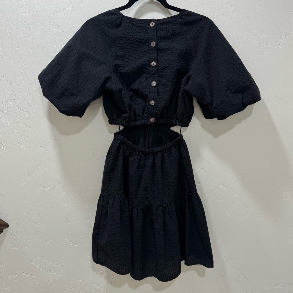Madewell Seersucker Puff-Sleeve Cutout Mini Dress Black Women's XS NF870 - Picture 10 of 16